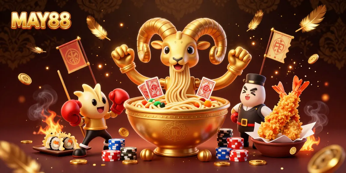 MAY88 showcases a golden ramen bowl dealer with card skills, lively casino atmosphere.