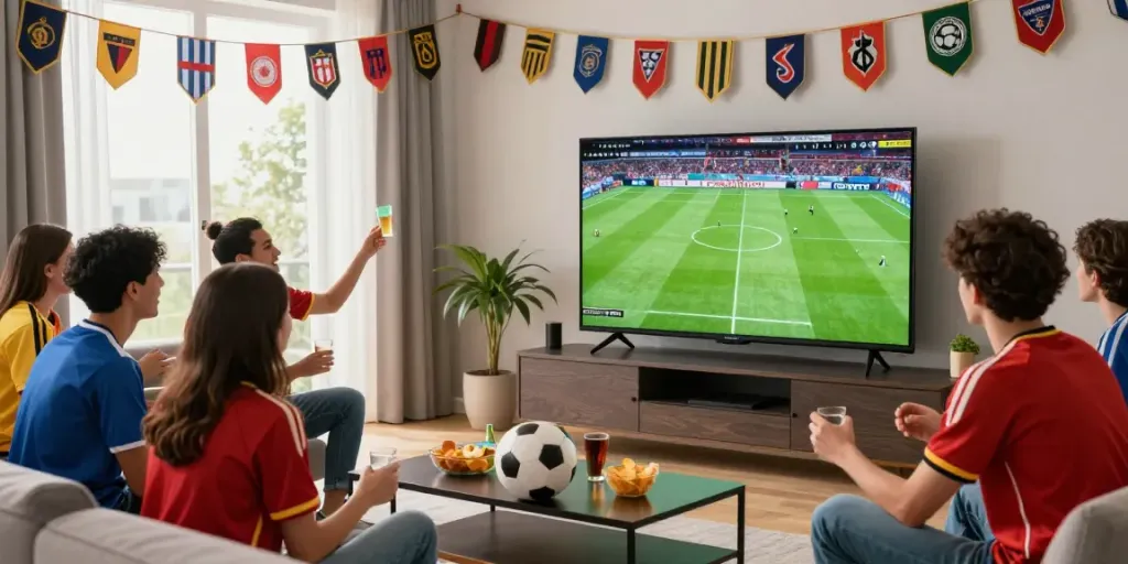 Friends enjoying a live football match from Gavangtv in a vibrant living room.