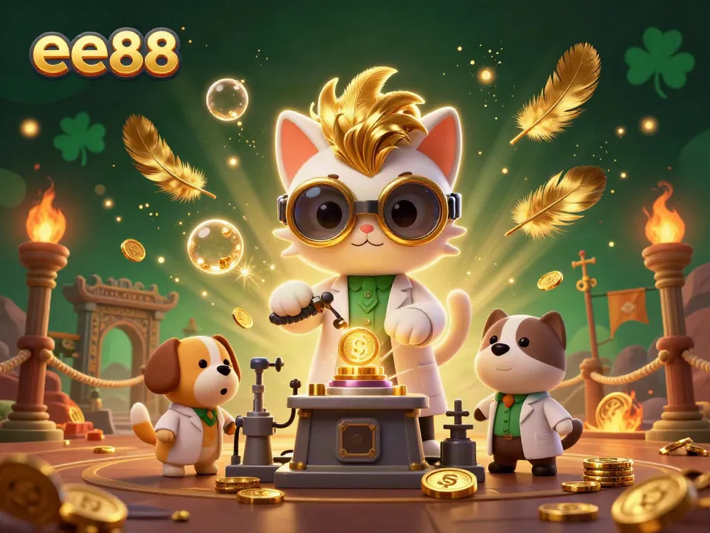 Experience the thrill of gambling at ee88 with a lively illustration featuring a mad scientist cat and dog amidst golden coins, bubbles, and dynamic elements.