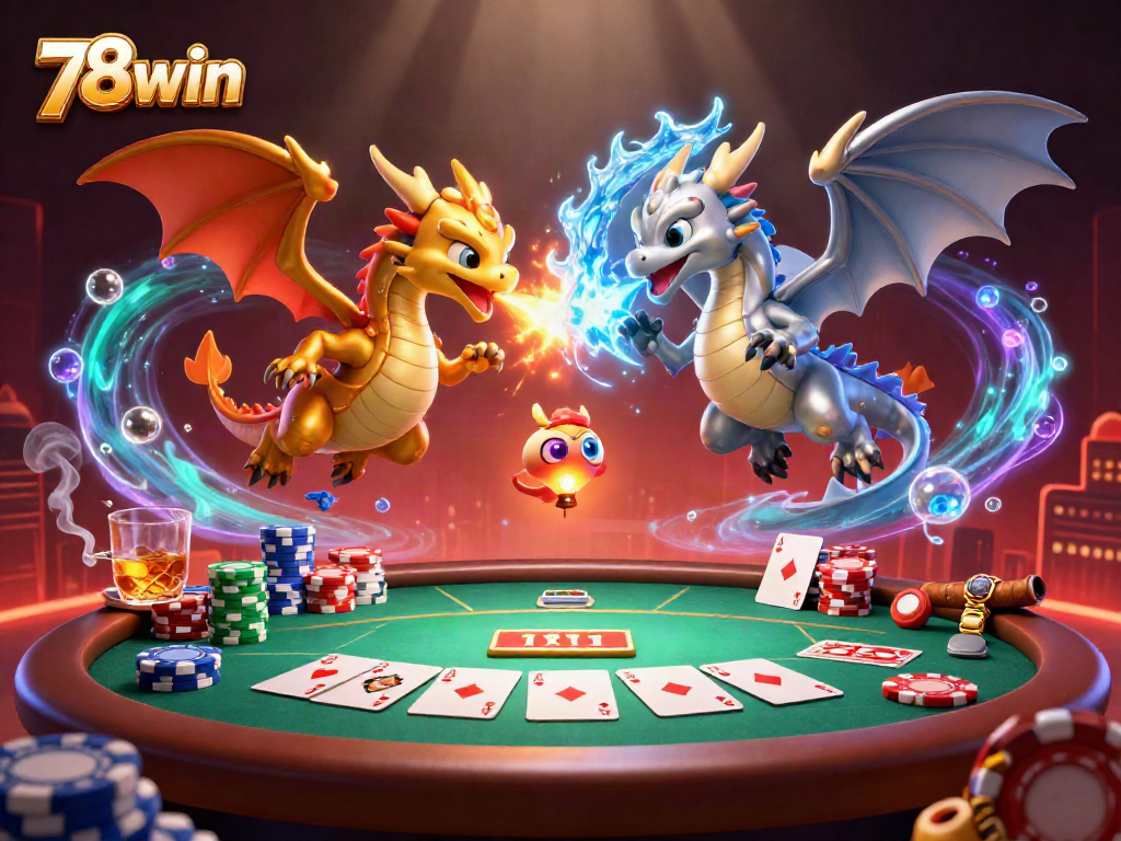 Experience thrilling plays with 78win as twin dragons battle in a vibrant casino scene.