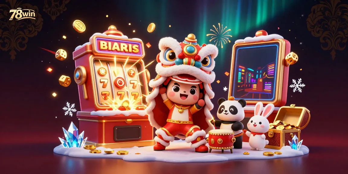 Experience the excitement of winning at 78win with a vibrant casino-themed illustration featuring a lively lion dance and jackpot symbols.