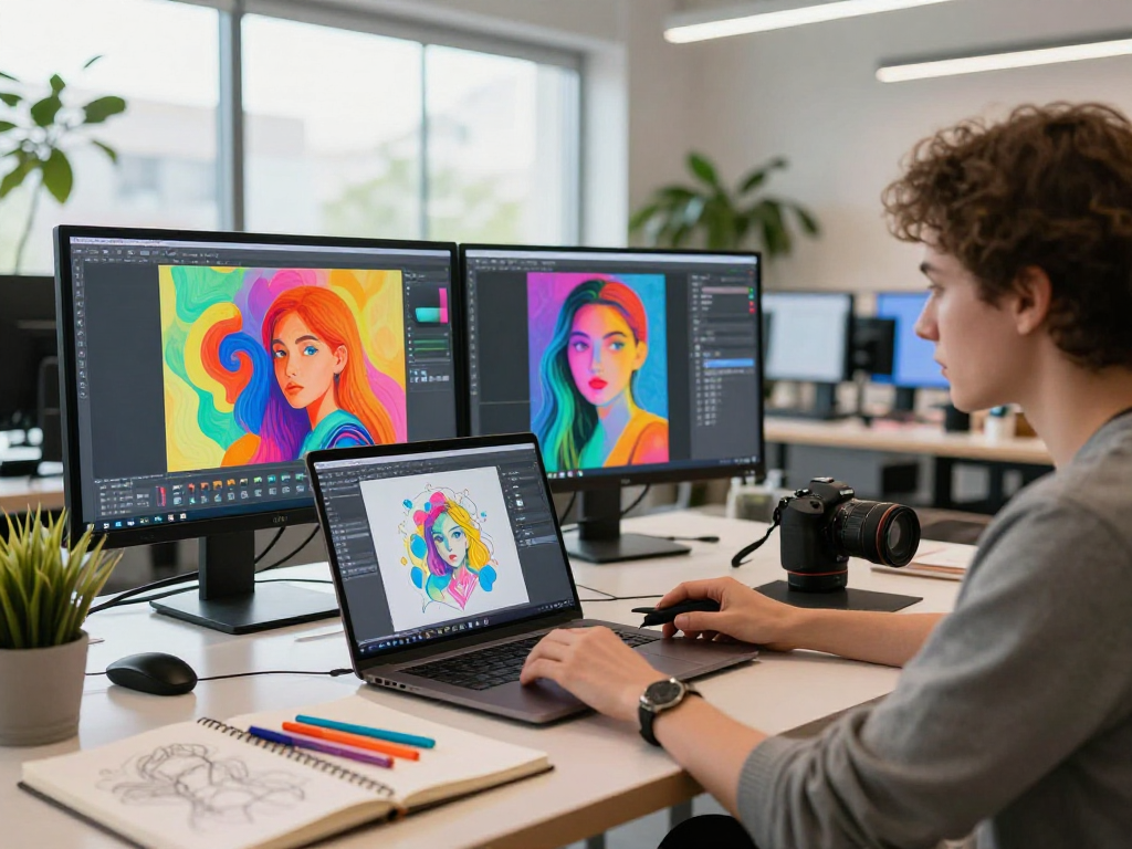 Dynamic workspace featuring nsfw ai concept art with vibrant digital screens, creative atmosphere, and natural light.