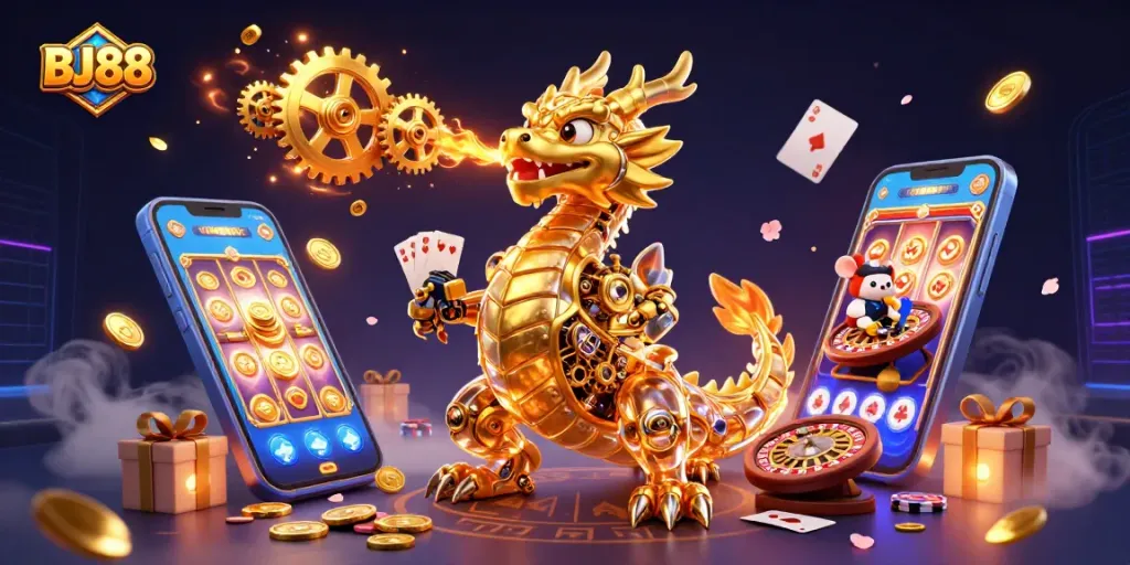 Engage with BJ88's thrilling casino experience featuring a golden dragon and animated games.