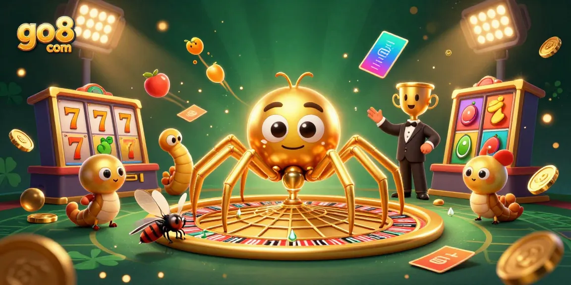 Engage with go8 com in this vibrant 3D illustration of a spider and croupier spinning the roulette wheel of fortune.