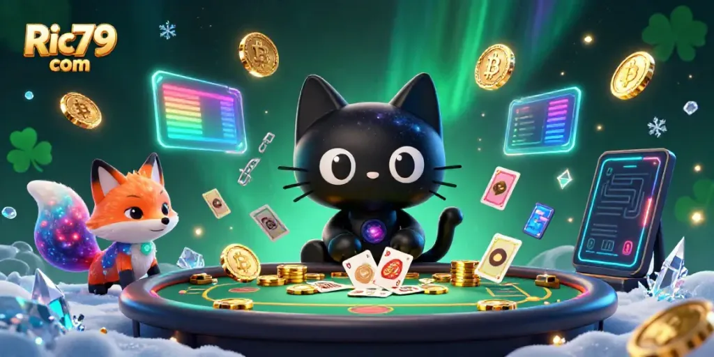 Join the cosmic game at Ric79 com with a black hole cat and nebula fox in a vibrant casino.