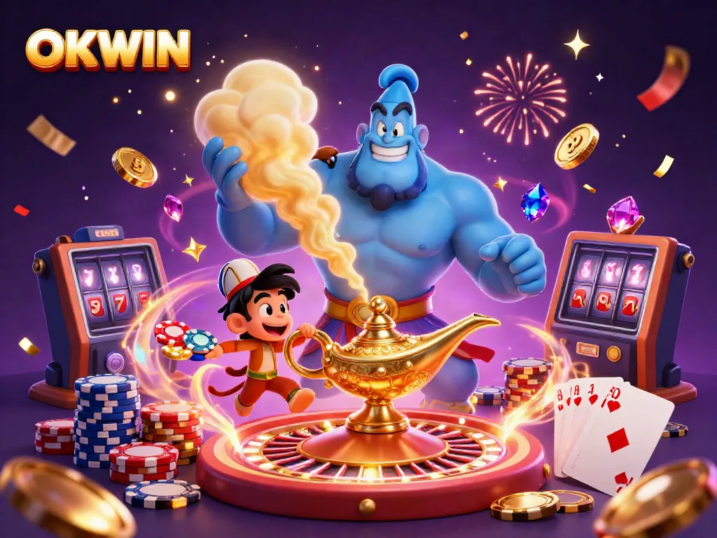 Experience the magic of gambling with OKWIN, featuring a blue genie, monkey, and casino elements.
