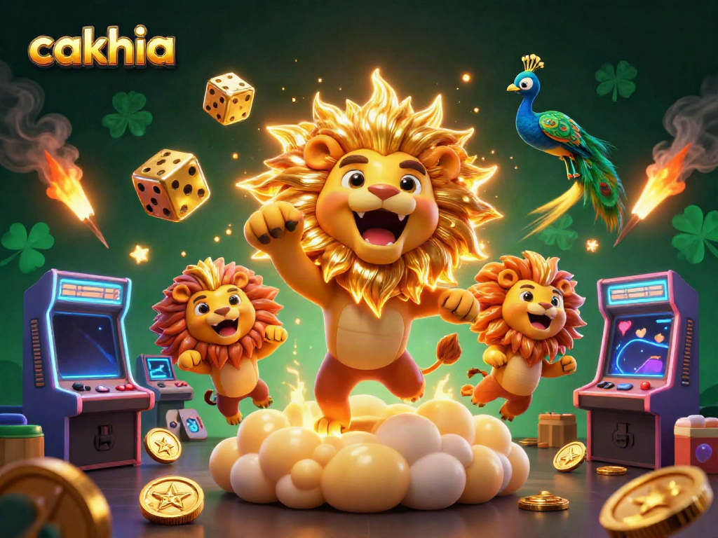 Cakhia showcases a vibrant 3D casino scene with a roaring lion surrounded by dynamic game elements.