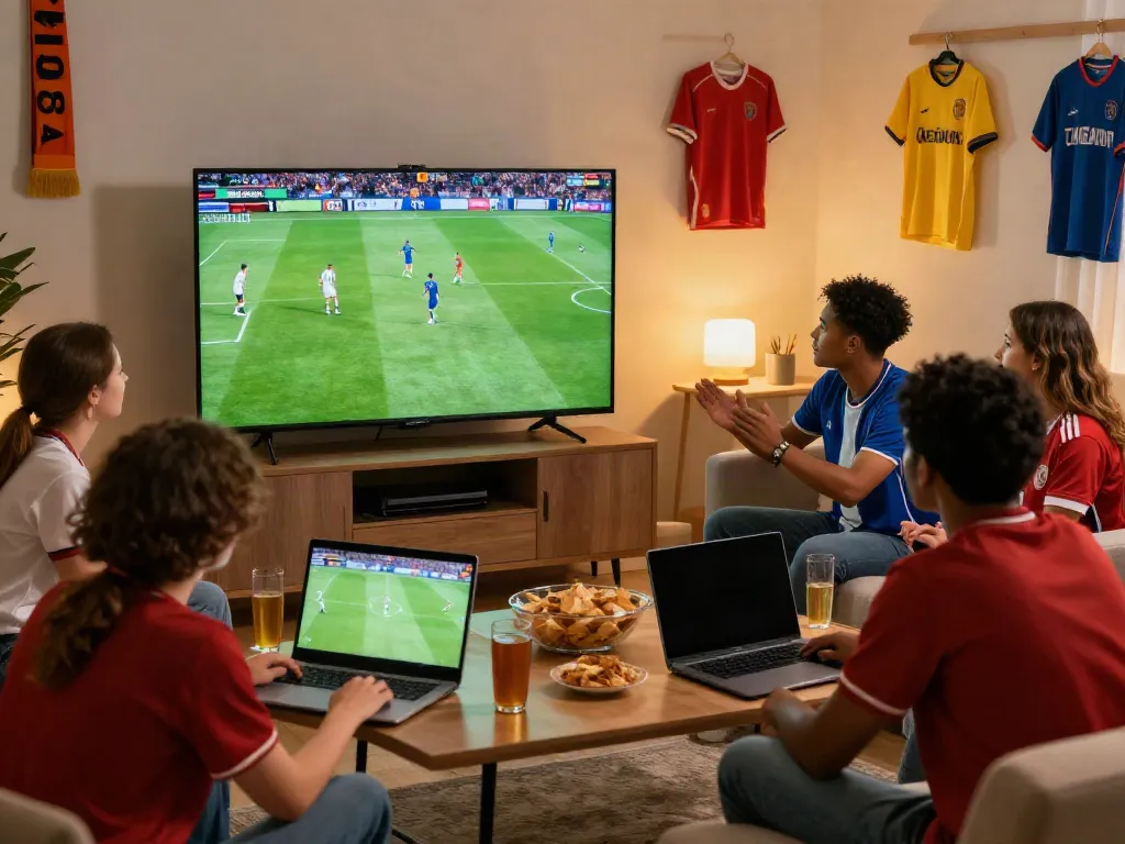 Thapcamtv fans enjoying live soccer match in vibrant living room.