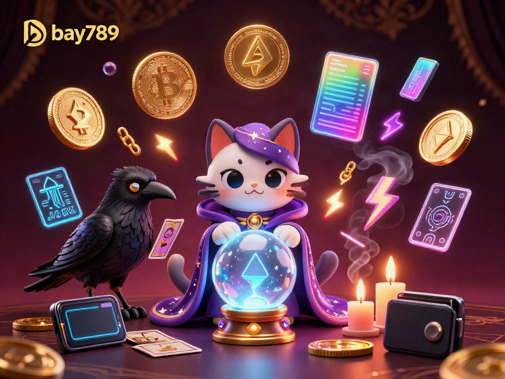 Experience the vibrant world of bay789 with a mystical cat and raven in an ultra-detailed casino scene.