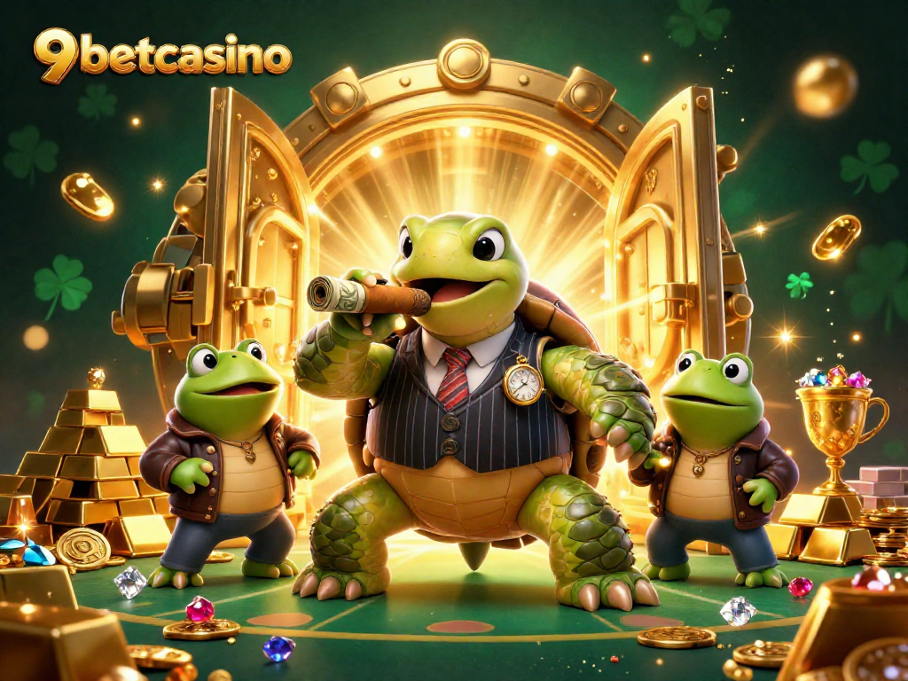 Engage with 9betcasino's vibrant 3D casino scene featuring a flashy turtle in a suit and precious treasures.