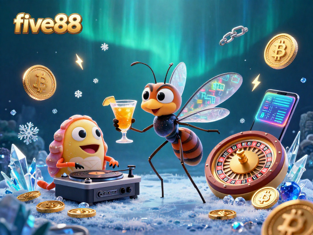 Experience the vibrant five88 casino scene with unique characters and thrilling elements in a 3D illustration.