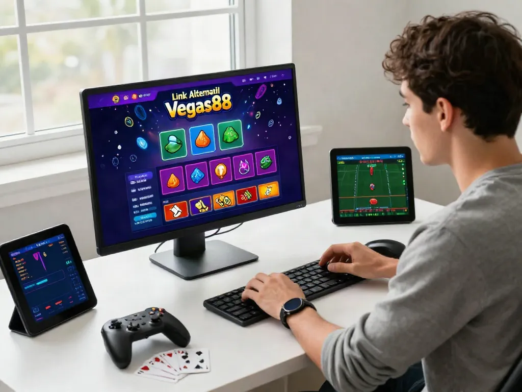 Engaging online gaming setup showcasing Link Alternatif Vegas88 with vibrant interface elements and energetic user in a professional workspace.