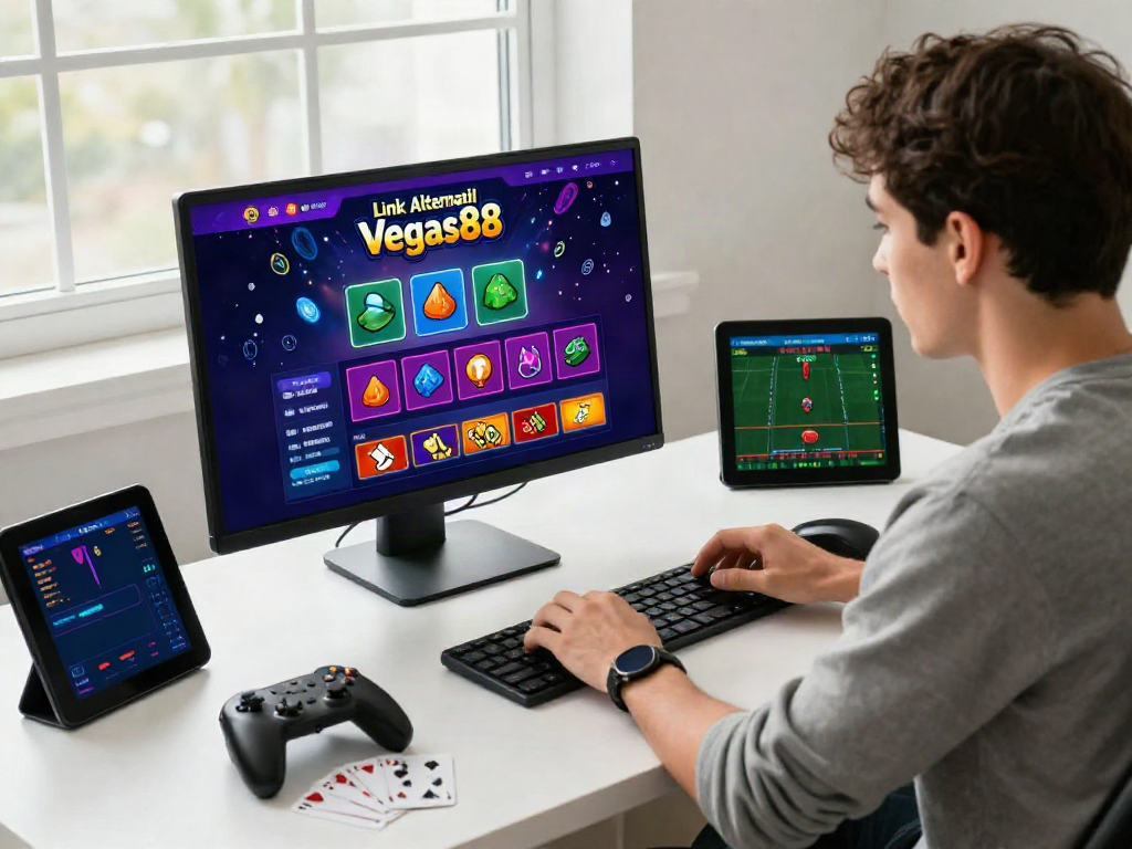 Engaging online gaming setup showcasing Link Alternatif Vegas88 with vibrant interface elements and energetic user in a professional workspace.