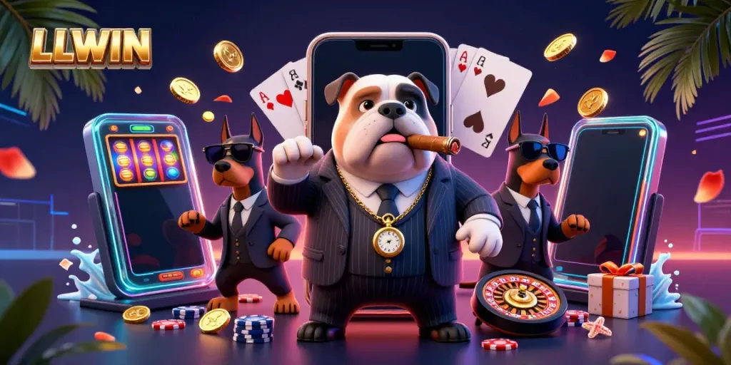 Experience gambling thrills with LLWIN's 3D mafia characters and vibrant casino elements.
