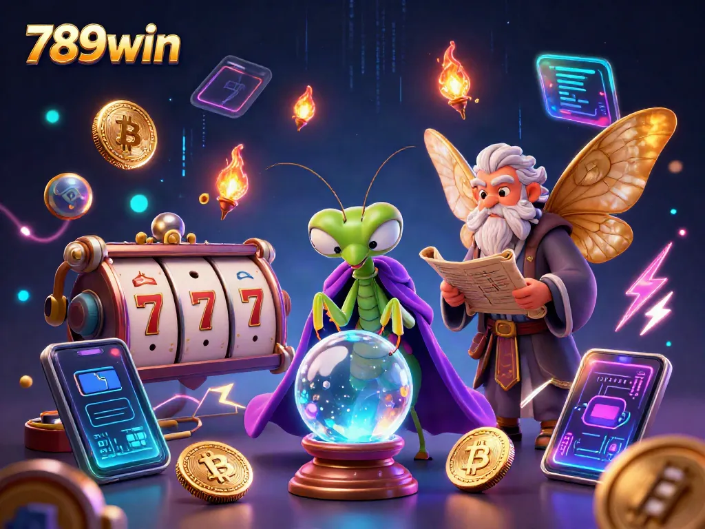 Engage in thrilling slots with 789win featuring a mystical fortune teller and a wise librarian surrounded by vibrant gaming elements.