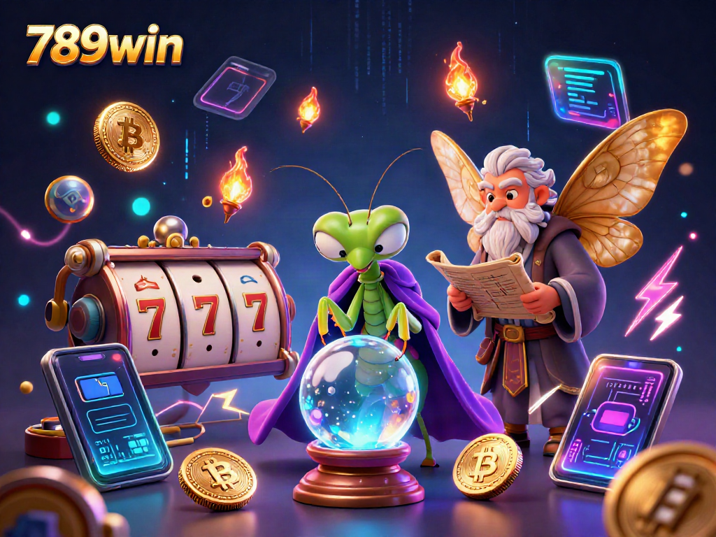 Engage in thrilling slots with 789win featuring a mystical fortune teller and a wise librarian surrounded by vibrant gaming elements.