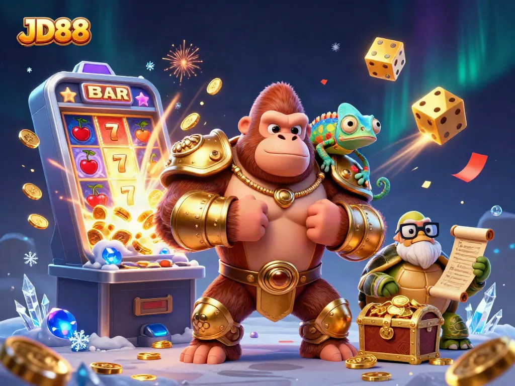 Win big with JD88 in a vibrant 3D casino scene featuring exciting slots and gaming elements.