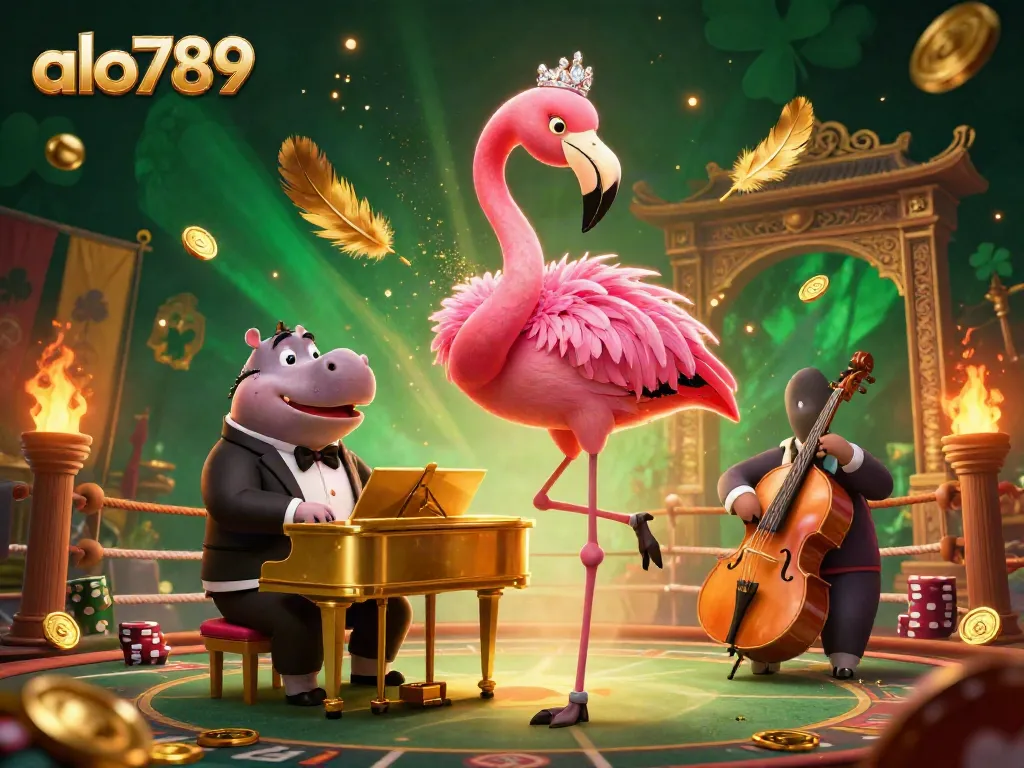 Experience the excitement of alo789 with a vibrant casino scene featuring a singing flamingo and hippo bassist.