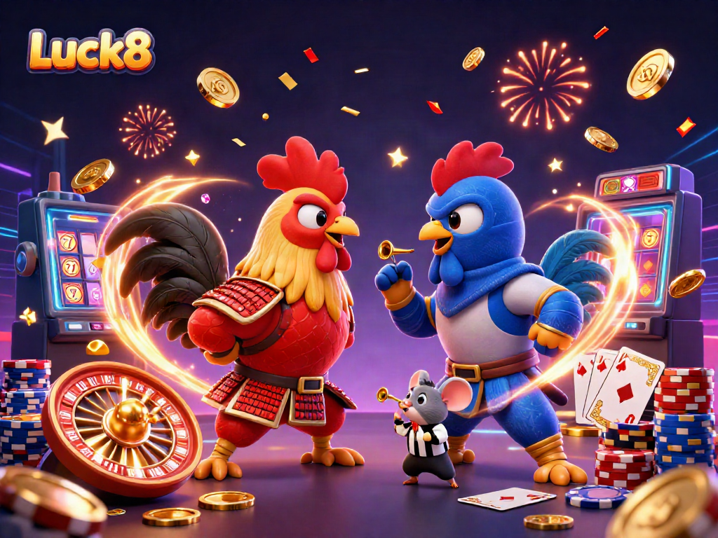Experience thrilling roosters battling at Luck8 with gold coins and vibrant casino elements.