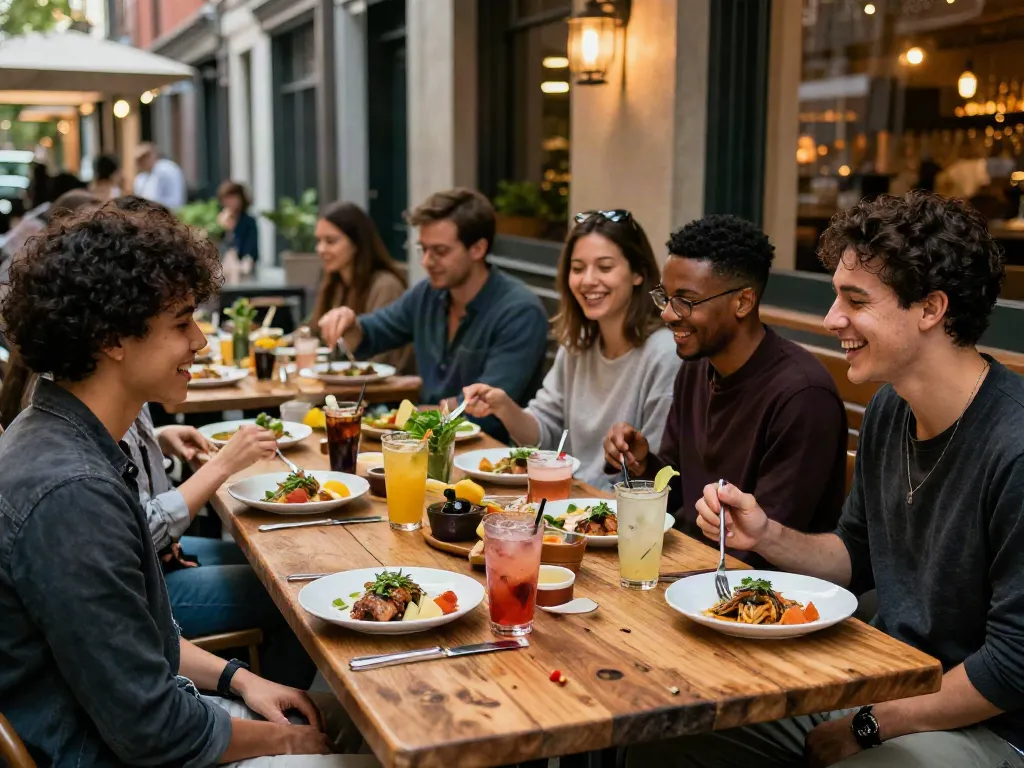 People dining at Bedford Social Club, enjoying gourmet food in a warm atmosphere.