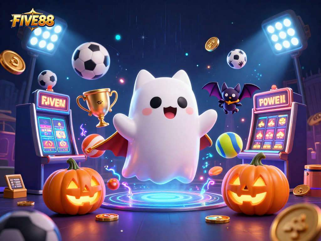 Experience the thrilling atmosphere of FIVE88 with a friendly ghost cat, vampire bat, and glowing jack-o-lanterns in a vibrant casino.