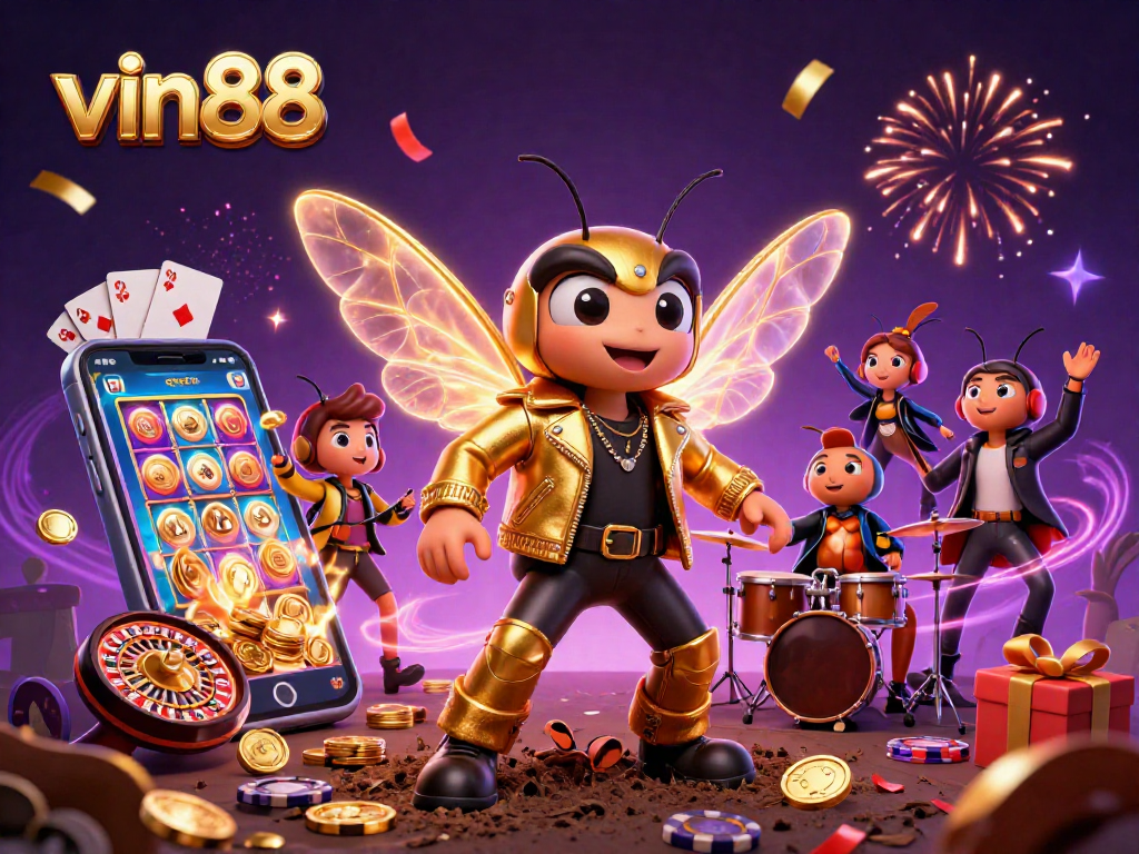 Engage in winning games at vin88 with vibrant visuals of exciting casino elements and characters.