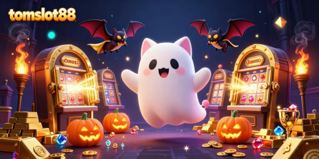 Play slots with tomslot88 amidst a magical casino scene featuring a ghost cat and sparkling treasures.