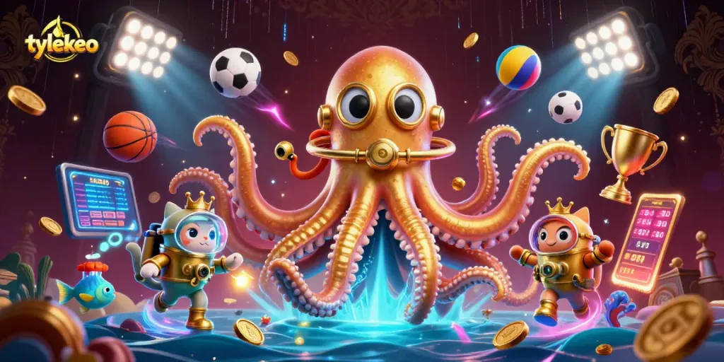 Engage with tylekeo sports betting visuals featuring a kraken, diving cat, and dynamic sports elements.