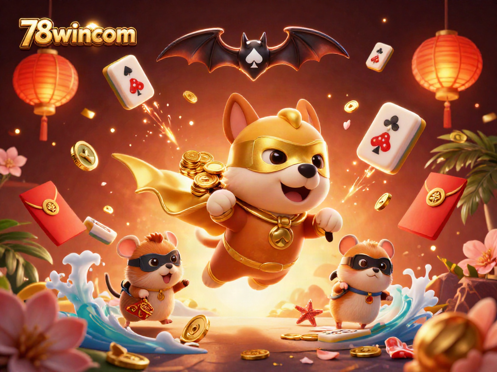 Join the fun at 78wincom, where a heroic dog flies with gold coins amidst vibrant casino elements.