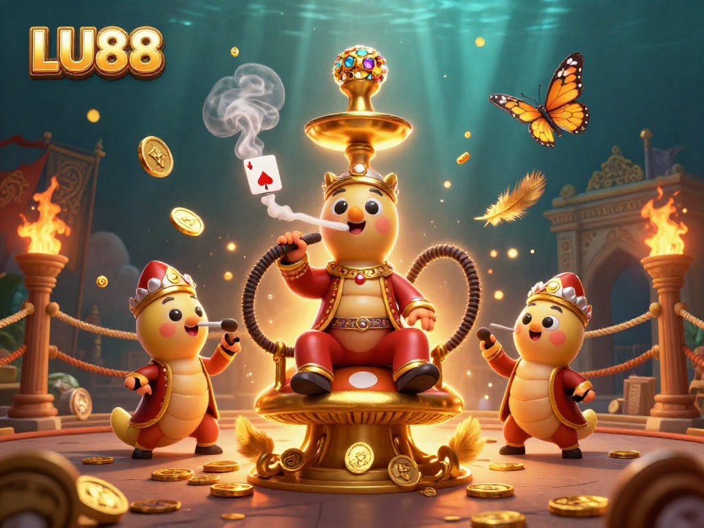 Experience the thrilling world of LU88 with a vibrant 3D casino scene filled with poker symbols and golden coins.