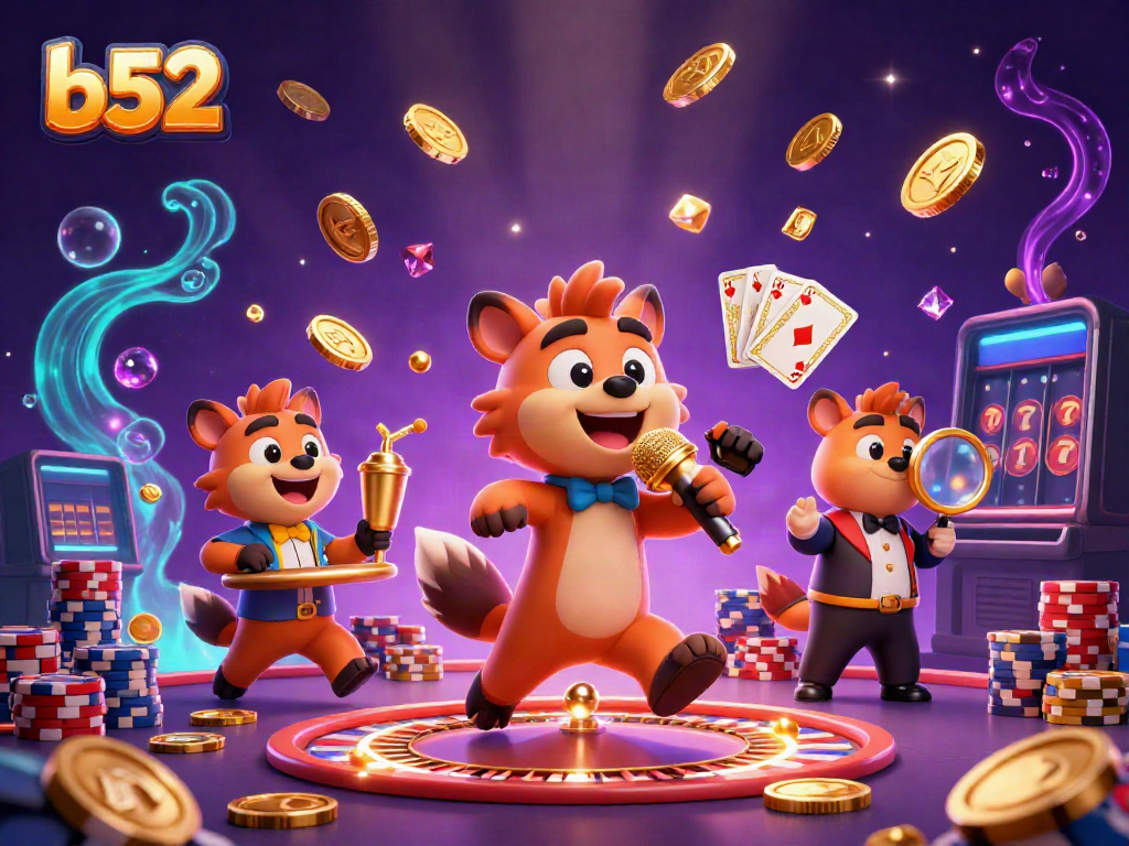 Experience winning thrills with b52 at a vibrant casino scene featuring lively hyenas and golden game elements.