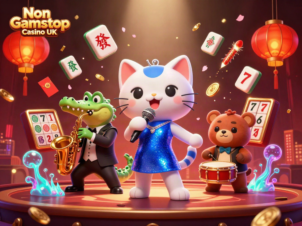 Experience excitement at Non Gamstop Casino UK with a jazzy scene filled with vibrant characters and casino elements.