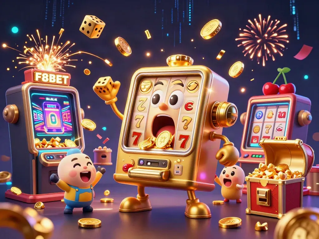 F8BET's colorful jackpot celebration featuring a golden slot machine bursting with coins and celebratory elements.