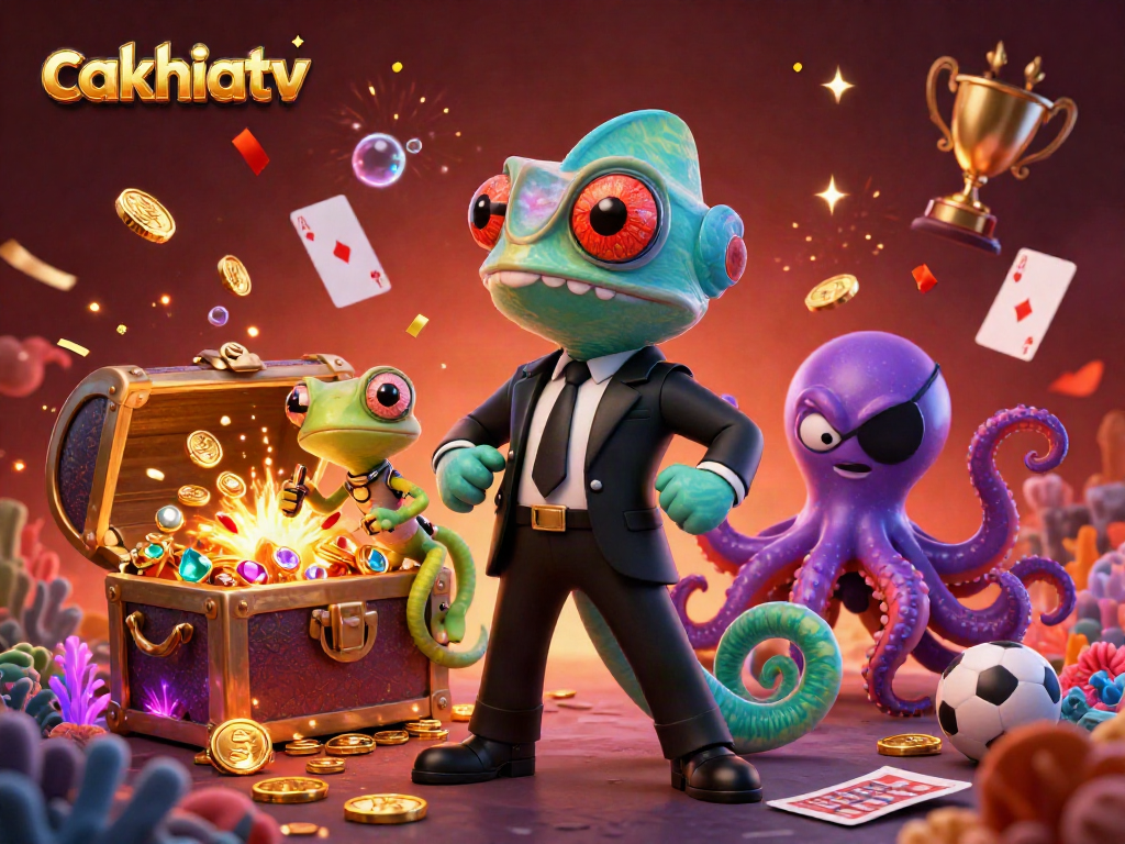 Cakhiatv showcases a playful 3D cartoon scene featuring a secret agent chameleon and friends enjoying sports betting excitement amidst exploding treasure.
