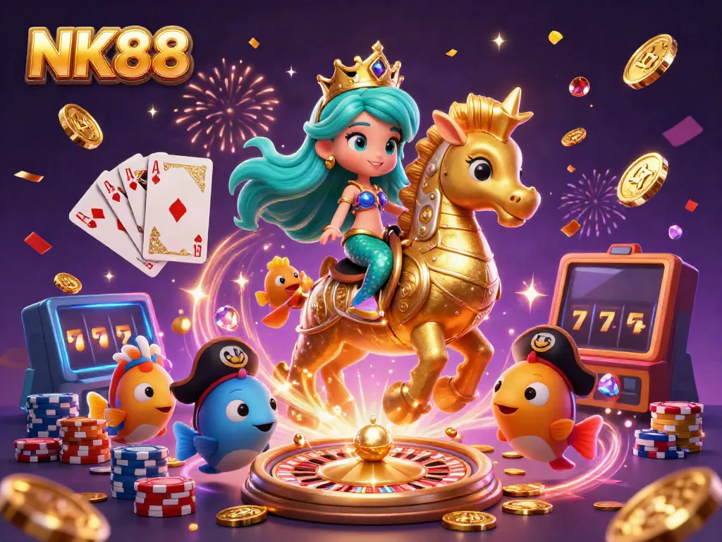 Engage with NK88 in a vibrant 3D casino scene featuring a mermaid princess and gaming elements.