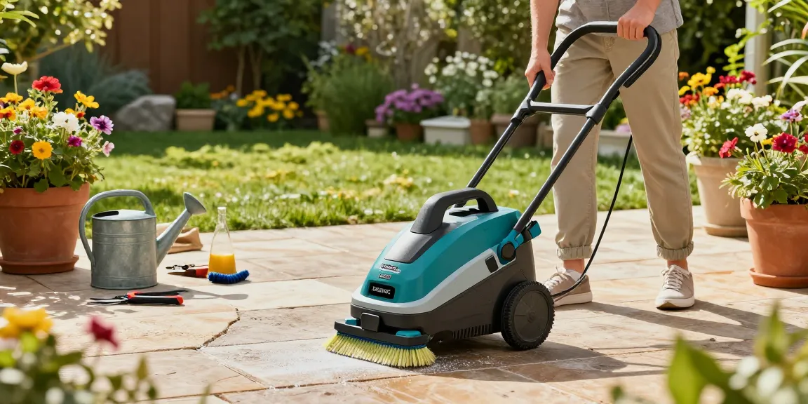 Makita patio cleaner revitalizing a sunlit garden patio with potted plants.