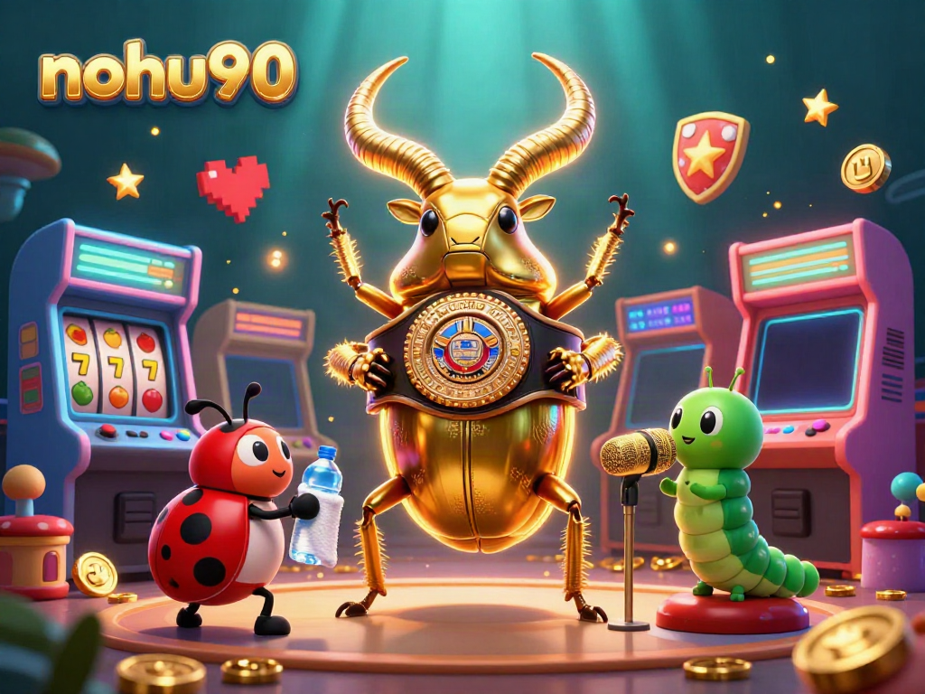 Nohu90's vibrant gaming scene featuring a golden stag beetle boxing champion amidst slot reels and arcade machines.