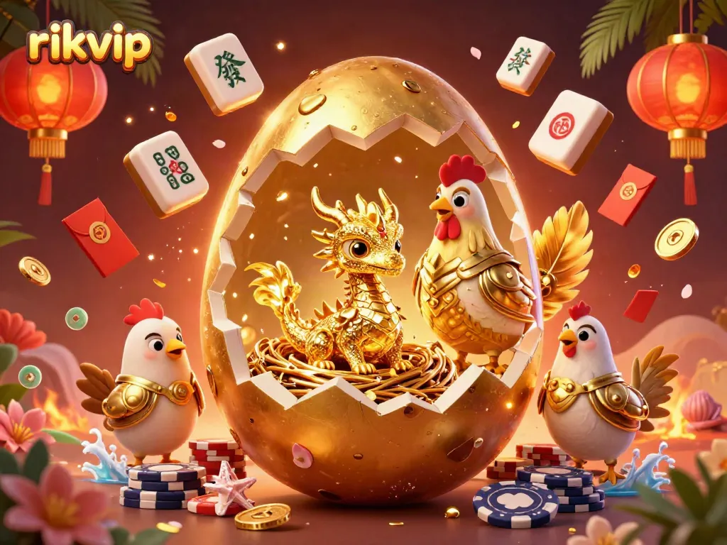 Experience thrilling gameplay at rikvip with golden dragon and poker chips in vibrant casino scene.