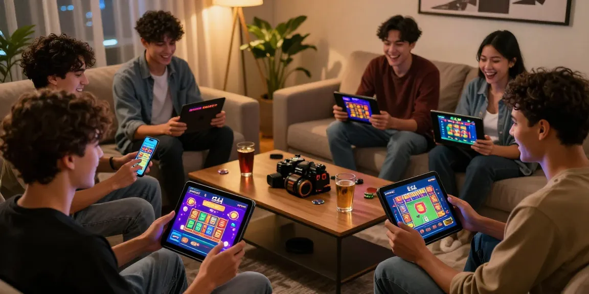 Exciting group of friends enjoying CK 444 online casino games on their devices in a cozy living room setting.