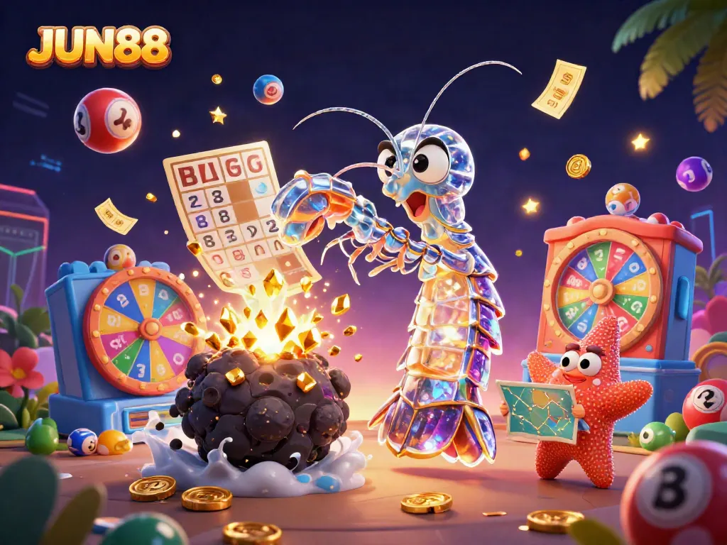 Experience the vibrant world of JUN88 featuring a galactic mantis shrimp and starfish amidst colorful gambling elements.