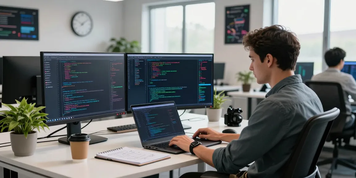 Developer utilizing instant indexing tools in a modern office space, engaging with dual monitors filled with code and analytics.