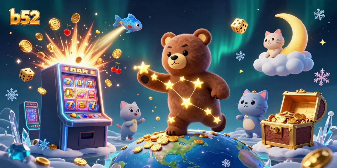 Engage in thrilling b52 gameplay as a constellation bear interacts with vibrant casino elements.