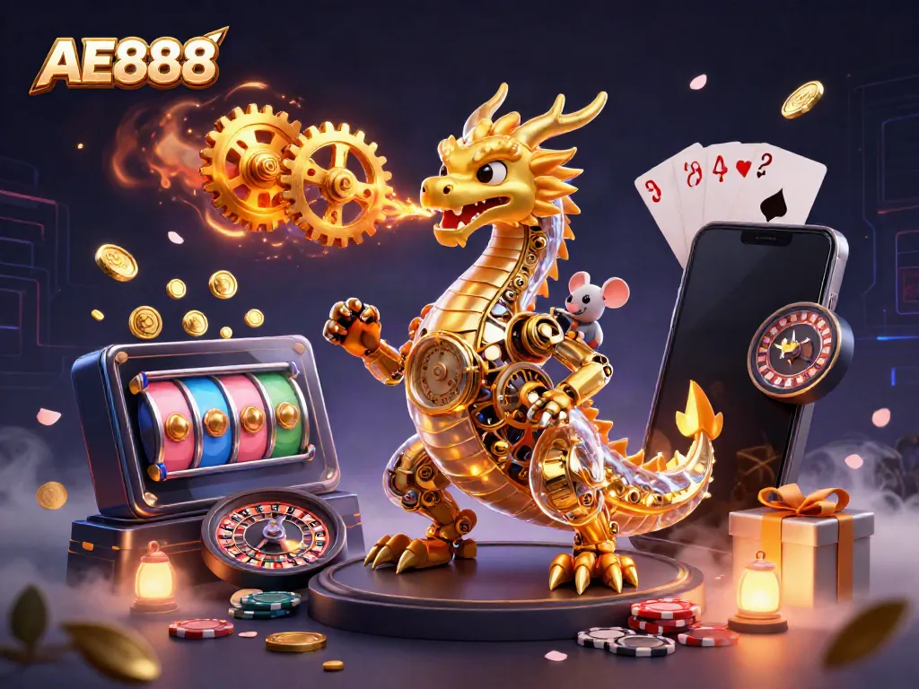 Engage with AE888's gaming excitement featuring a golden dragon and vibrant slot elements.
