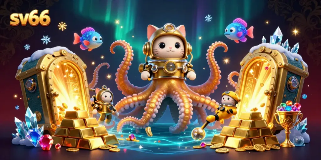 Spin to win with sv66 in a vibrant casino-themed illustration featuring treasure and adventure.