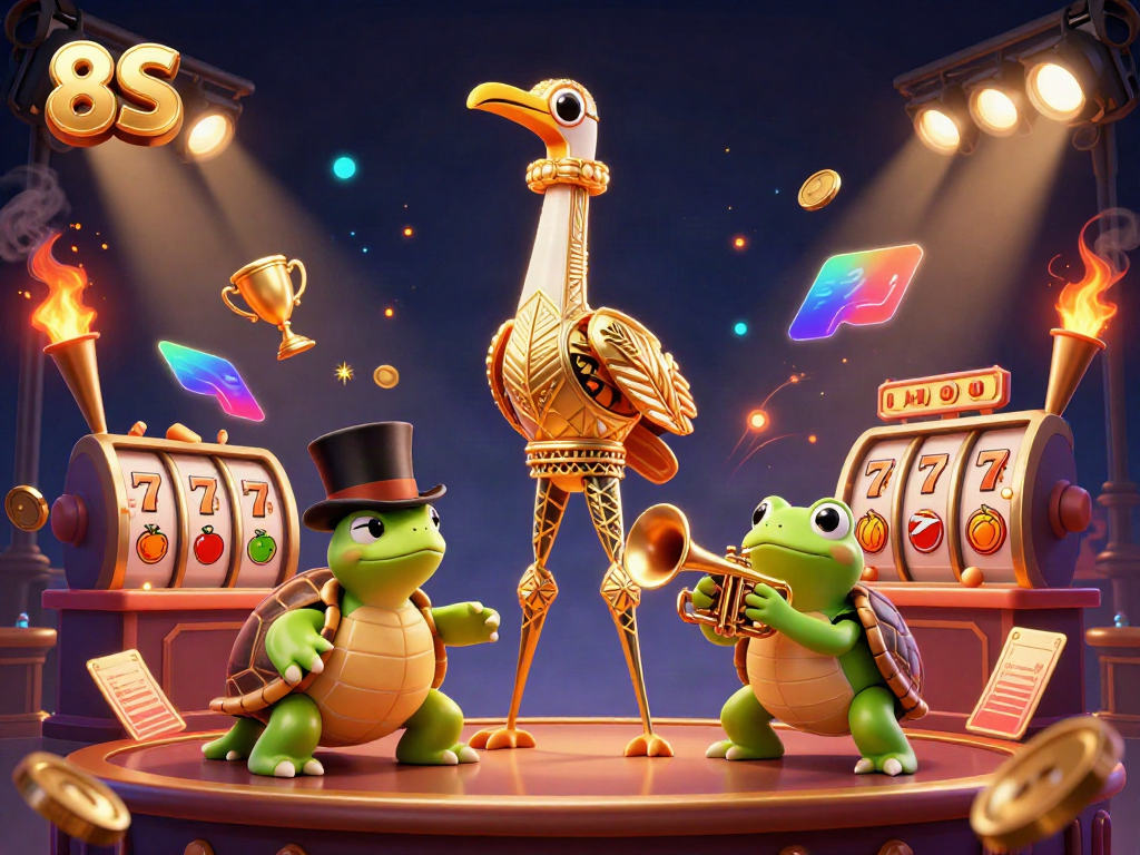 Experience the excitement of 8S with a vibrant casino illustration featuring dynamic characters and game elements.