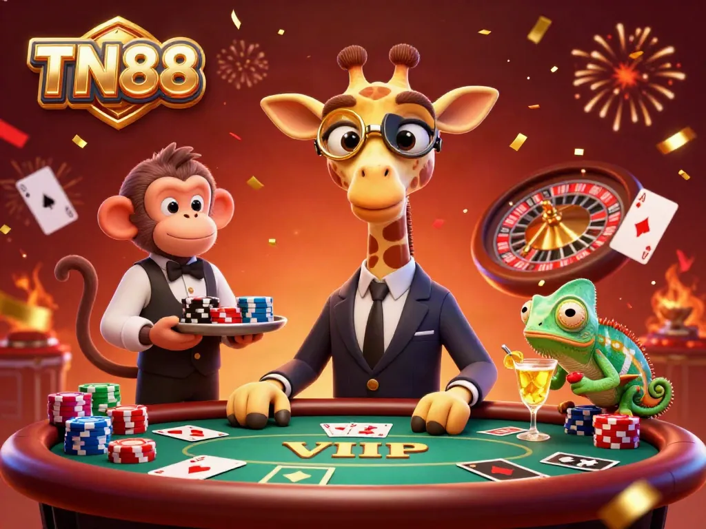 Experience TN88's vibrant casino atmosphere with characters playing poker amid fireworks and confetti.