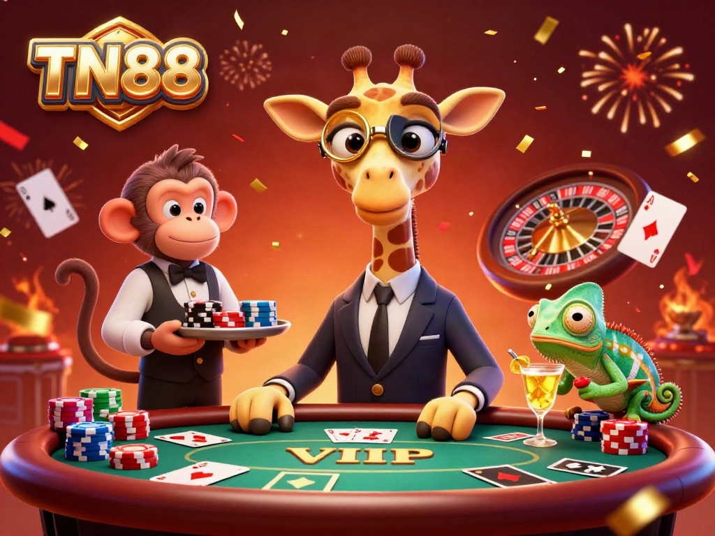 Experience TN88's vibrant casino atmosphere with characters playing poker amid fireworks and confetti.