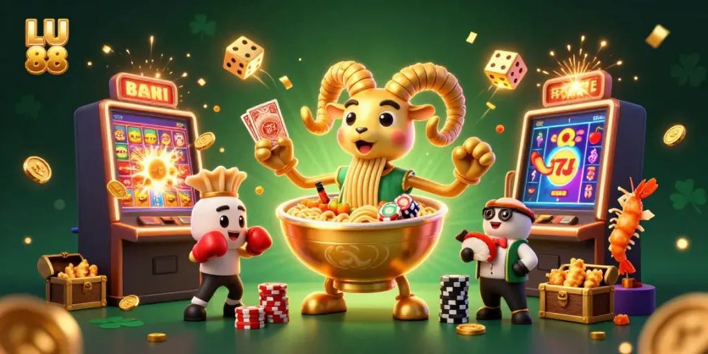 Engage in gaming action with LU 88's vibrant 3D casino illustration showcasing excitement, golden elements, and dynamic characters.
