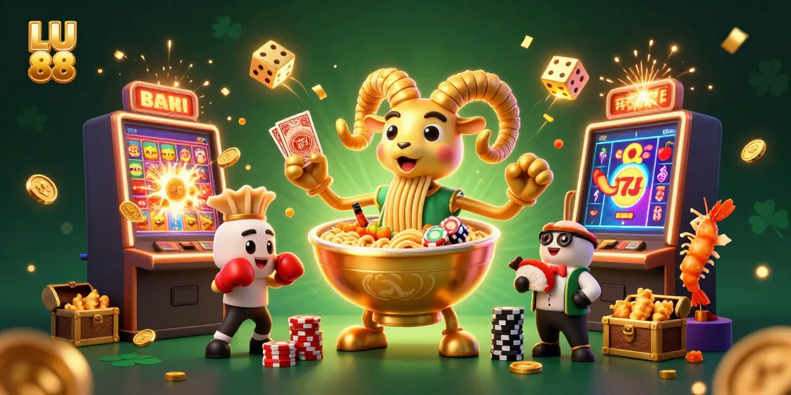 Engage in gaming action with LU 88's vibrant 3D casino illustration showcasing excitement, golden elements, and dynamic characters.