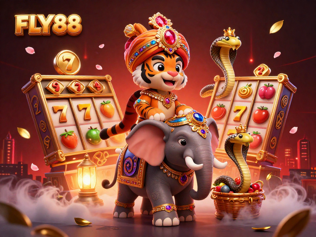 Experience thrilling action with FLY88 as a maharaja tiger celebrates on an elephant amidst vibrant casino icons.